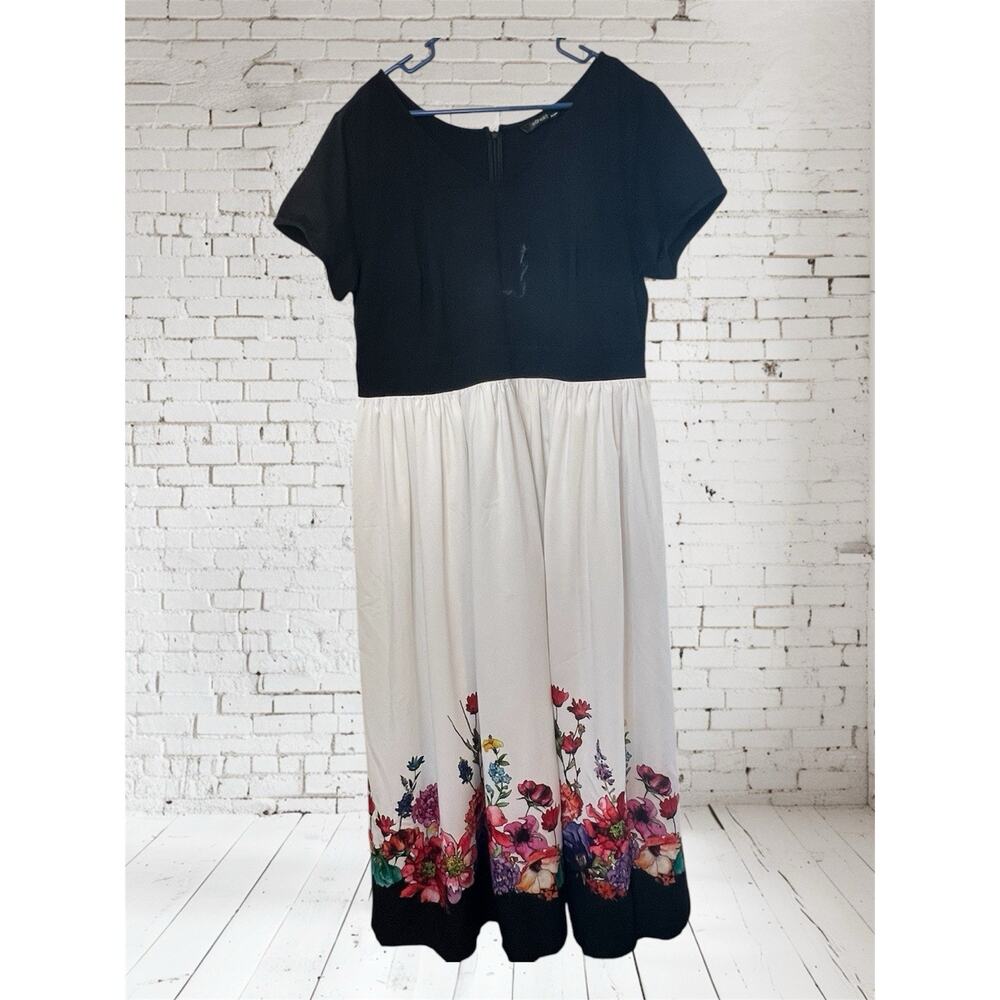 Eshakti Black White Floral Skirt Midi Dress, Size 2X / 20W Wedding Guest Party